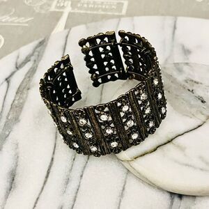 Antique Gold Toned Cuff Bracelet Clear‎ Rhinestone Accent Wide Chunky Fashion